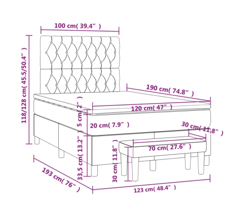 Cama box spring con colchón tela azul 120x190 cm