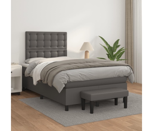 Cama box spring con colchón cuero sintético gris 120x190 cm