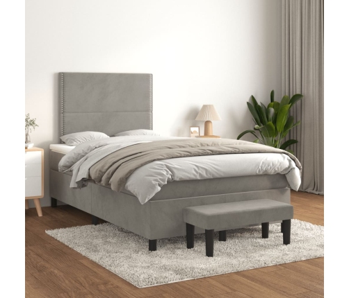 Cama box spring con colchón terciopelo gris claro 120x190 cm