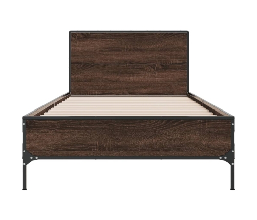 Estructura cama madera ingeniería metal roble marrón 90x200 cm