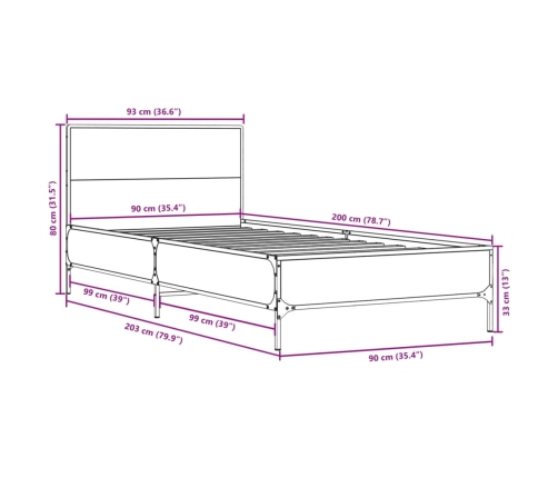 Estructura cama madera ingeniería metal roble marrón 90x200 cm