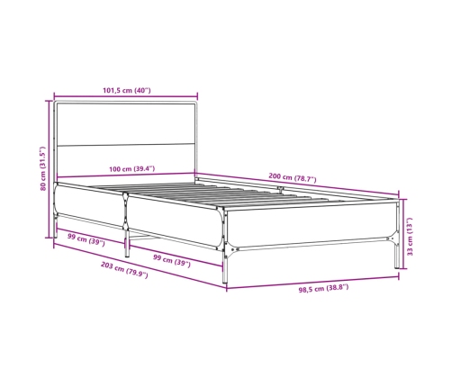 Estructura cama madera ingeniería metal gris Sonoma 100x200 cm