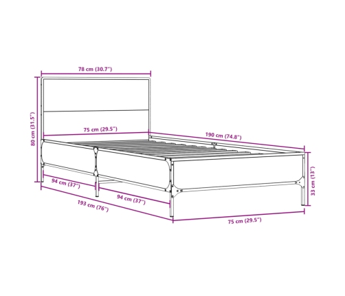Estructura cama madera ingeniería metal gris Sonoma 75x190 cm