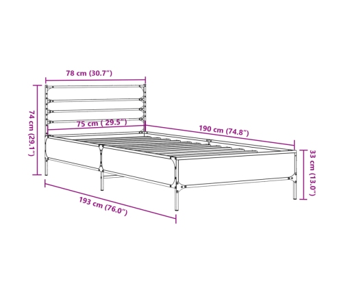 Estructura cama madera ingeniería metal roble Sonoma 75x190 cm