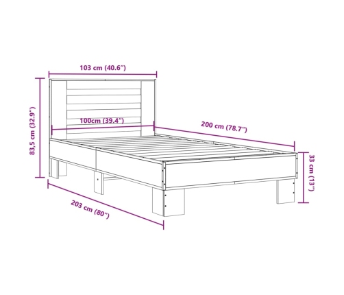 Estructura cama madera ingeniería metal gris Sonoma 100x200 cm