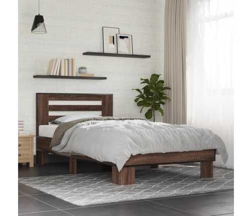Estructura cama madera ingeniería metal marrón roble 100x200 cm
