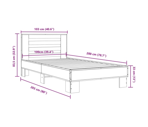 Estructura cama madera ingeniería metal marrón roble 100x200 cm
