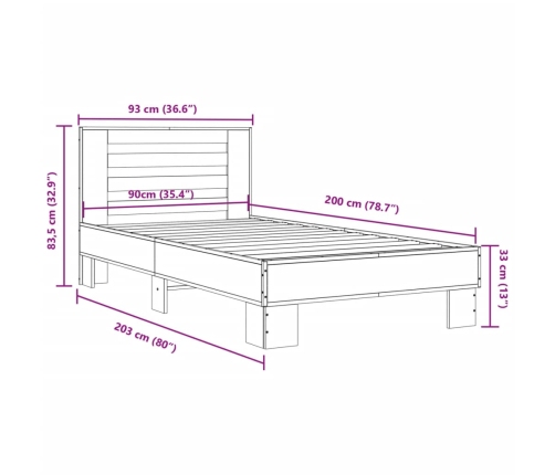 Estructura cama madera ingeniería metal roble ahumado 90x200 cm