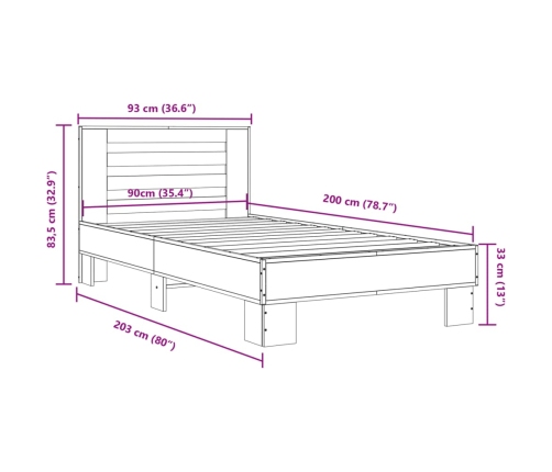 Estructura cama madera ingeniería metal roble marrón 90x200 cm