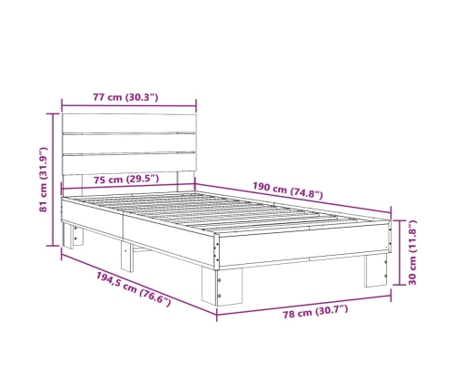 Estructura cama madera ingeniería metal roble Sonoma 75x190 cm