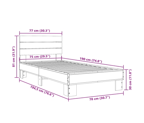 Estructura cama madera ingeniería metal gris Sonoma 75x190 cm