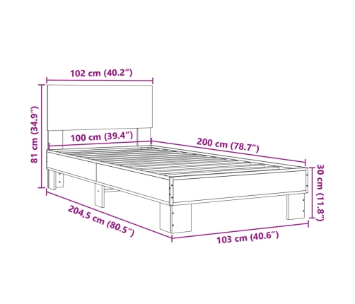 Estructura cama madera ingeniería metal marrón roble 100x200 cm