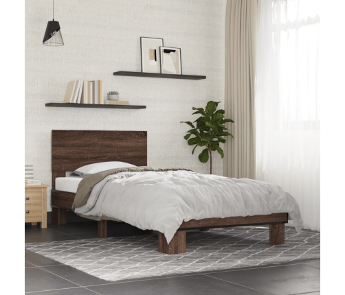 vidaXL Estructura cama madera ingeniería metal roble marrón 90x200 cm