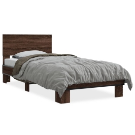 Estructura cama madera ingeniería metal roble marrón 90x200 cm