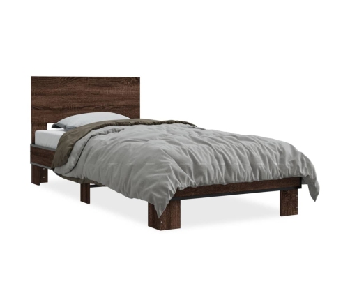 vidaXL Estructura cama madera ingeniería metal roble marrón 90x200 cm