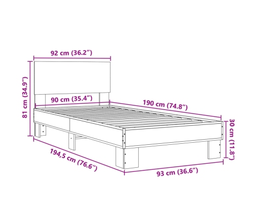 Estructura cama madera ingeniería metal roble Sonoma 90x190 cm