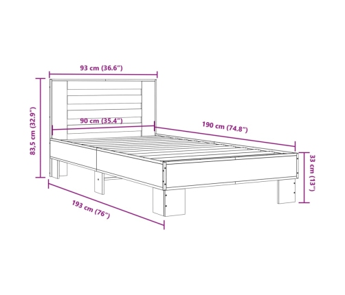 Estructura cama madera ingeniería metal roble Sonoma 90x190 cm