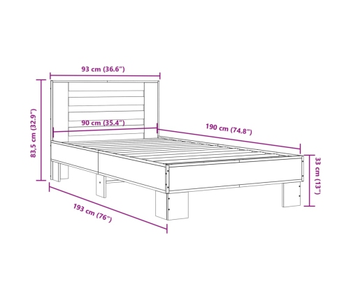 Estructura cama madera ingeniería metal roble ahumado 90x190 cm