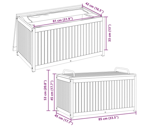 Baúl de cojines de jardín acacia maciza y acero 85x45x45/53 cm