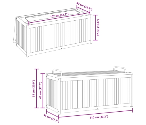 Baúl de cojines de jardín acacia maciza y acero 110x45x42/53 cm