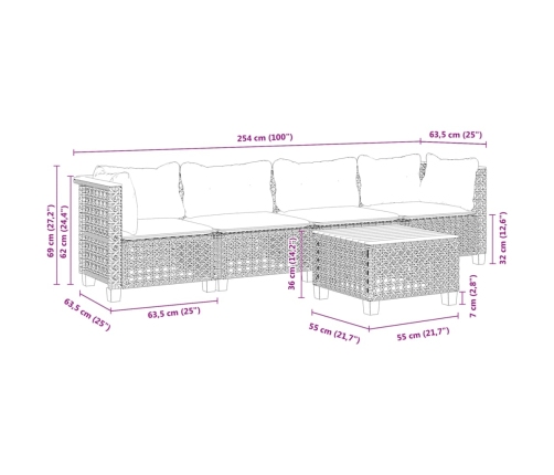 Set de muebles de jardín 5 pzas y cojines ratán sintético negro