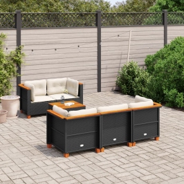 Set de sofás de jardín 6 piezas y cojines ratán sintético negro