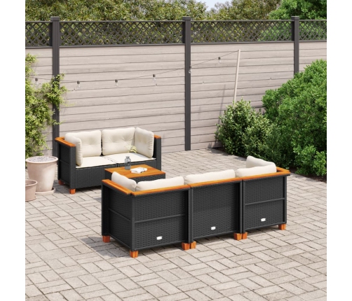 Set de sofás de jardín 6 piezas y cojines ratán sintético negro