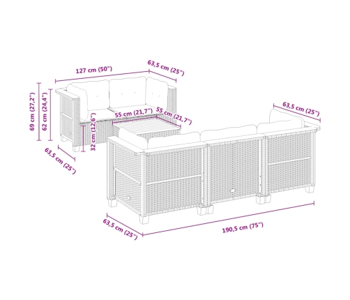 Set de muebles de jardín 6 pzas y cojines ratán sintético gris