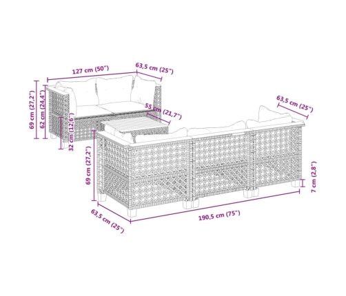 Set de muebles de jardín 6 pzas y cojines ratán sintético gris