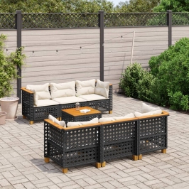 Set de sofás de jardín 7 pzas con cojines ratán sintético negro