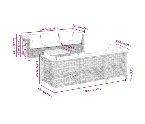 Set sofás de jardín 7 piezas y cojines ratán sintético beige