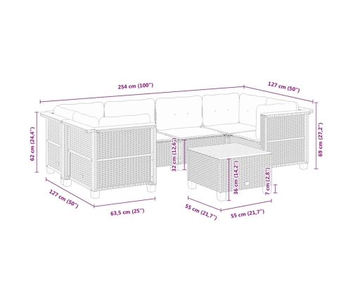 Set sofás de jardín 7 piezas y cojines ratán sintético beige