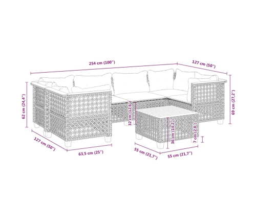 Set sofás de jardín 7 piezas y cojines ratán sintético beige