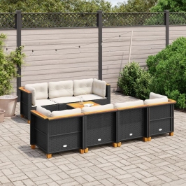 Set de sofás de jardín y cojines 8 piezas ratán sintético negro