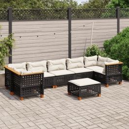 Set de sofás de jardín 8 piezas y cojines ratán sintético negro