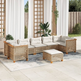 Set de sofás de jardín y cojines 8 piezas ratán sintético beige