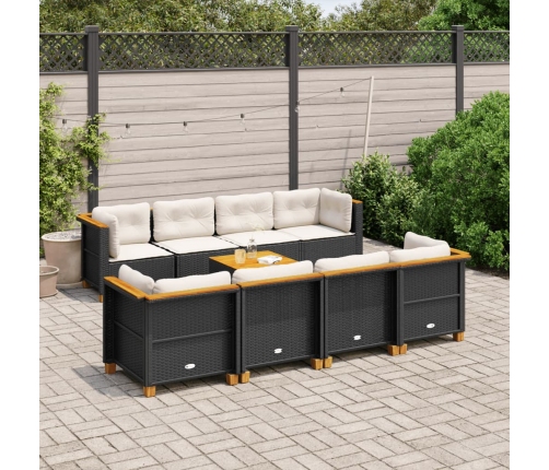 Set de sofás de jardín 8 piezas y cojines ratán sintético negro