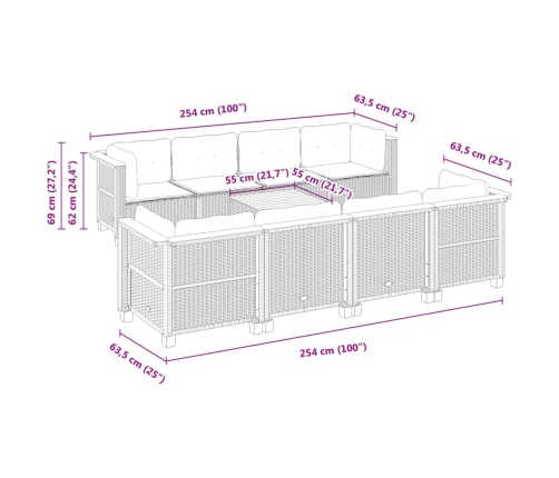 Set de muebles de jardín 9 pzas y cojines ratán sintético gris