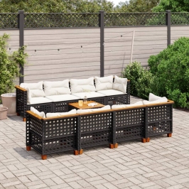 Set de sofás de jardín 8 piezas y cojines ratán sintético negro
