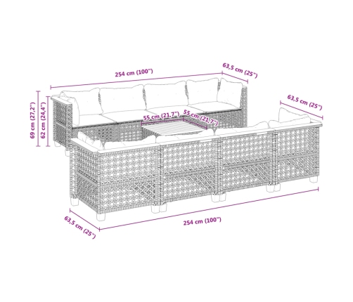 Set de muebles de jardín 9 pzas y cojines ratán sintético gris