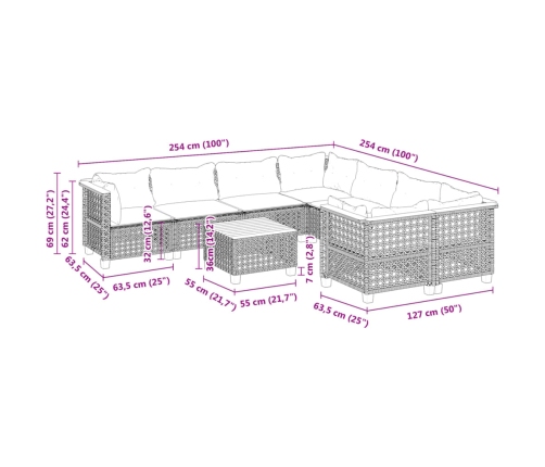 Set de muebles de jardín 9 pzas y cojines ratán sintético gris