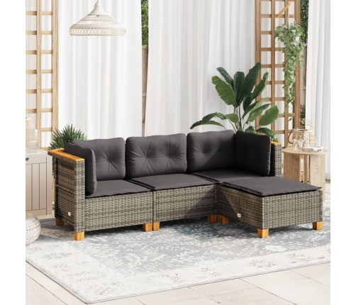 Set de sofás de jardín 4 pzas y cojines ratán sintético gris