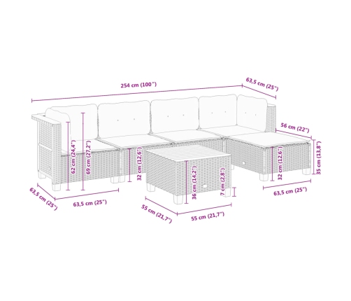 Set de muebles de jardín 6 pzas y cojines ratán sintético gris