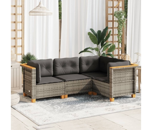Set de sofás de jardín 4 pzas y cojines ratán sintético gris