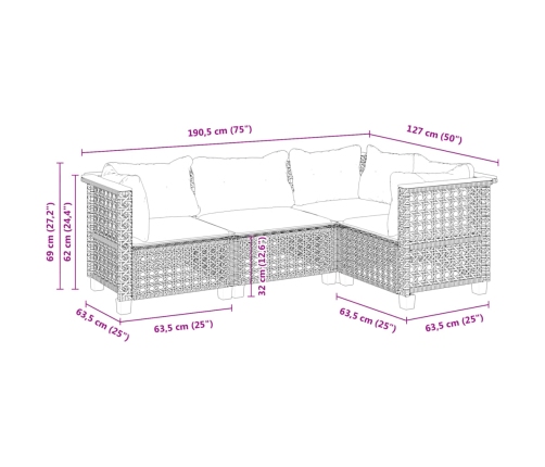 Set de sofás de jardín 4 pzas y cojines ratán sintético gris