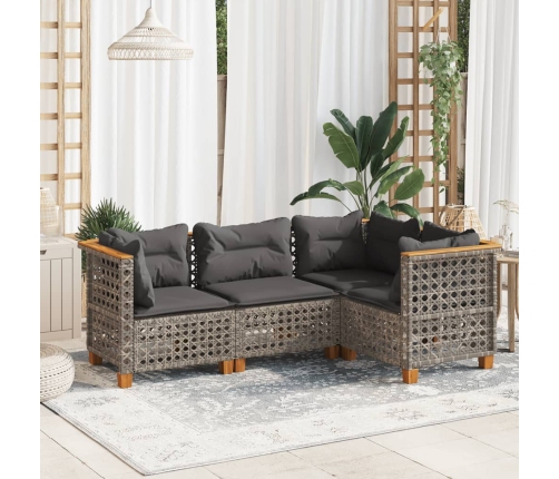 Set de sofás de jardín 4 pzas y cojines ratán sintético gris