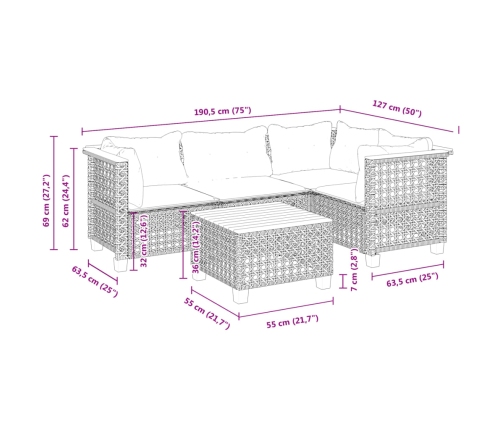 Set de muebles de jardín 5 pzas y cojines ratán sintético negro