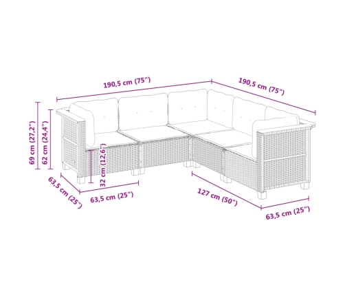 Set de muebles de jardín 5 pzas y cojines ratán sintético negro