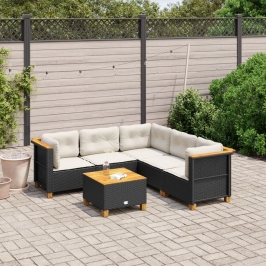 Set de sofás de jardín 6 piezas y cojines ratán sintético negro