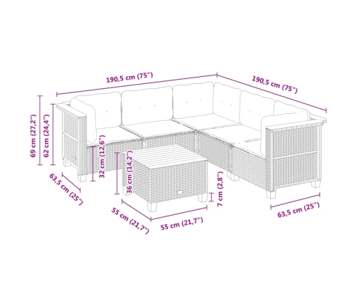 Set de muebles de jardín 6 pzas y cojines ratán sintético gris